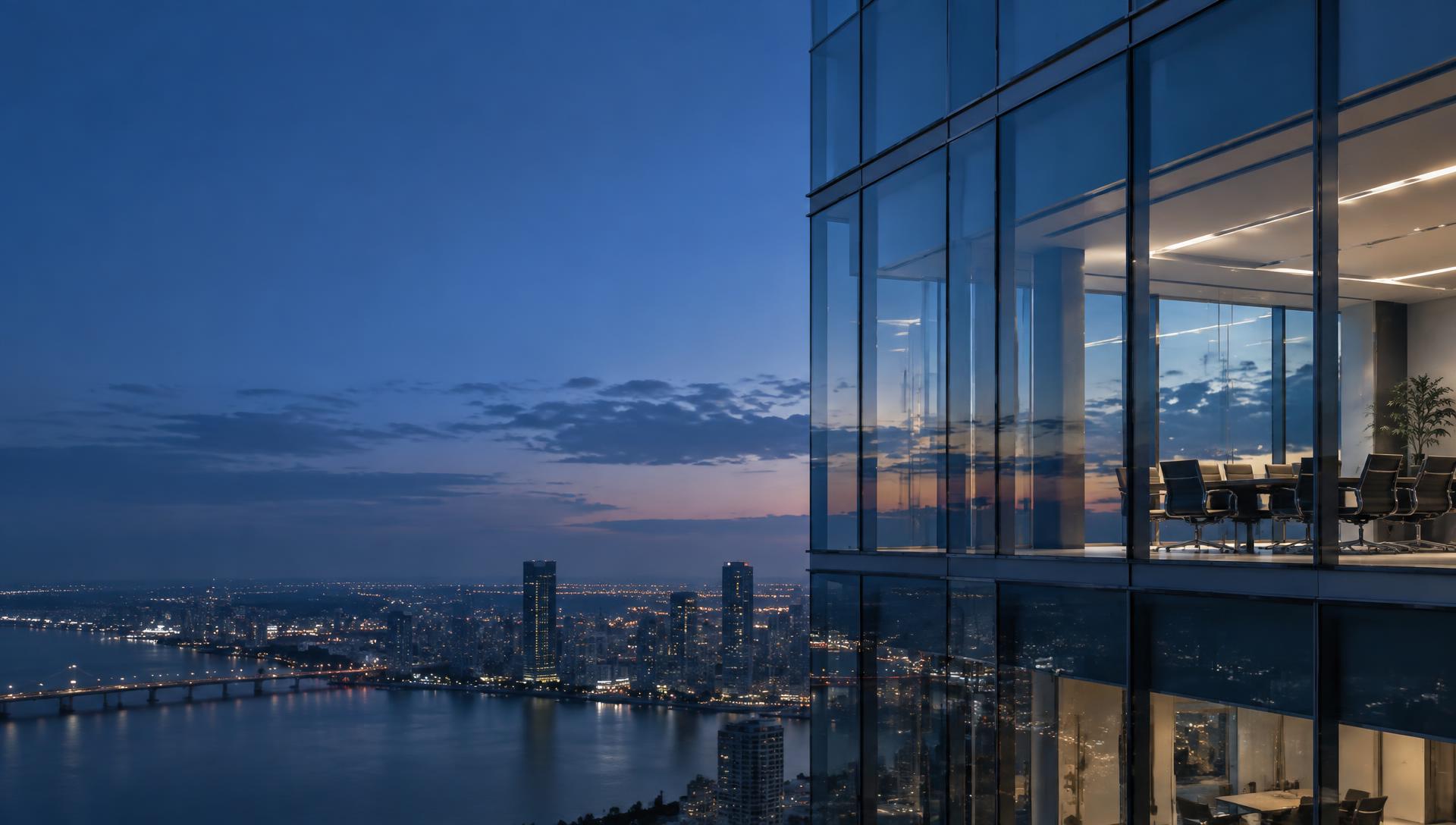 Glass-walled executive meeting space overlooking a city at dusk